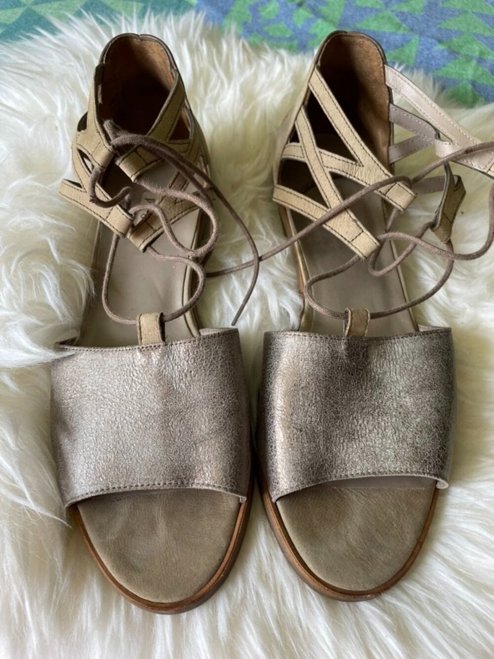 PAUL GREEN Beige Metallic and suede gladiator flat sandals
